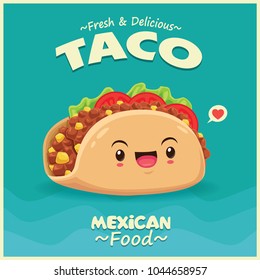 Vintage Mexican food poster design with vector taco character.