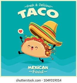 Vintage Mexican food poster design with vector taco character.