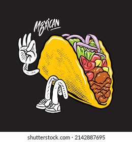 Diseño de afiches de comida mexicana con carácter de taco vectorial al estilo del graffiti