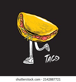 Vintage Mexican food poster design with vector taco character in graffiti style