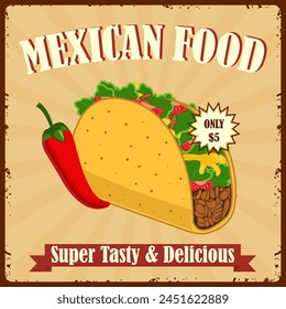 Vintage Mexican food poster design with vector taco and red chili