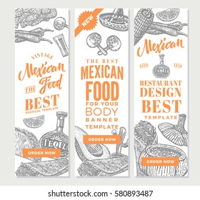 Vintage mexican food vertical banners with traditional meals of national cuisine in sketch style vector illustration