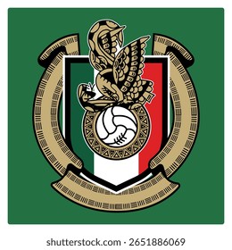 Vintage Mexican football crest with eagle, snake, and ribbon elements in tricolor. Bold heritage design for sports branding, fanwear, editorial, or national identity graphics