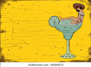 Vintage Mexican sign, Mexican lady in a margarita glass