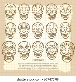 Vintage mexican skull set poster on retro notebook page. Vector illustration