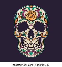 Vintage mexican sugar skull colorful concept with floral beautiful ornament isolated vector illustration