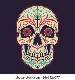 Vintage mexican sugar skull colorful template with floral and spiderweb patterns isolated vector illustration