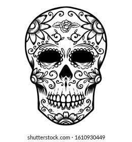 Vintage mexican sugar skull isolated on white background. Day of the dead theme. Design element for logo, label, sign, poster. Vector illustration