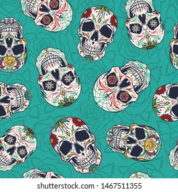 Vintage mexican sugar skulls seamless pattern on turquoise floral background vector illustration