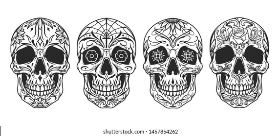 Calaveras azucareras mexicanas antiguas con motivos florales y arañas en forma de monocromo ilustraciones vectoriales aisladas