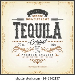 Vintage Mexican Tequila Label For Bottle/
Illustration of a vintage design elegant tequila label, with crafted lettering, specific blue agave product mentions, textures and hand drawn patterns