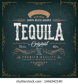 Vintage Mexican Tequila Label For Bottle/
Illustration of a vintage design elegant tequila label, with crafted lettering, specific blue agave product mentions, textures and hand drawn patterns