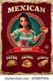 vintage mexican traditional food poster with beautiful woman