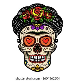 Vintage mexican woman skull isolated on white background. Design element for logo, label, sign, poster. Vector illustration