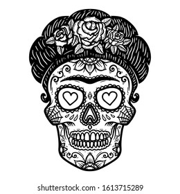 Vintage mexican woman skull isolated on white background. Design element for logo, label, sign, poster. Vector illustration