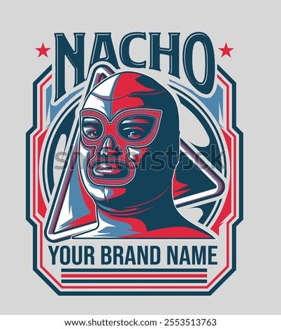 A vintage Mexican wrestler logo featuring a masked luchador in vibrant colors, exuding strength and tradition