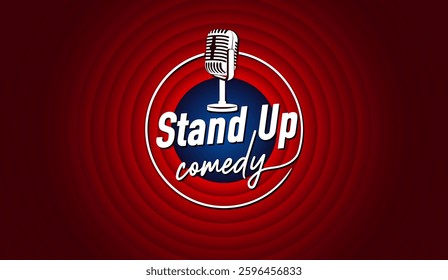 Vintage microphone against red curtain backdrop. Stand up comedy