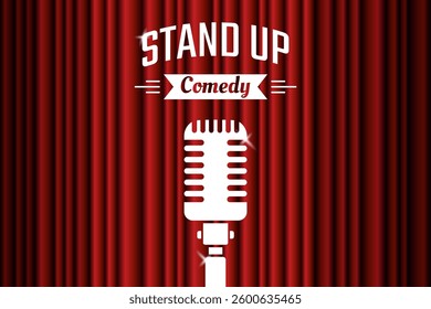 Vintage microphone against red curtain backdrop. Stand up comedy