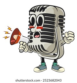 vintage microphone cartoon character mascot retro vector design shouting with a loudspeaker, work of hand drawn