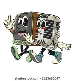 vintage microphone cartoon character mascot retro vector design walking with the speaker character mascot, work of hand drawn