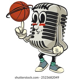 vintage microphone cartoon character mascot retro vector design spin the basketball with the index finger, work of hand drawn
