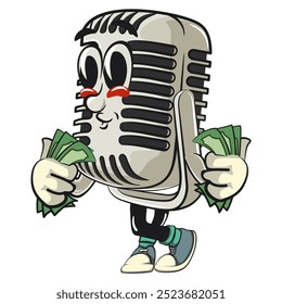 vintage microphone cartoon character mascot retro vector design carrying money, work of hand drawn
