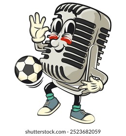 vintage microphone personagem mascote personagem retro vetor design futebol ou bola de futebol com os pés, trabalho de mão desenhada