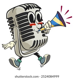 vintage microphone cartoon character mascot retro vector design blow the party horn, work of hand drawn