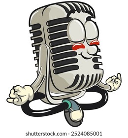 vintage microphone cartoon character mascot retro vector design meditating, work of hand drawn