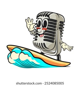 vintage microphone cartoon character mascot retro vector design surfing happily, work of hand drawn
