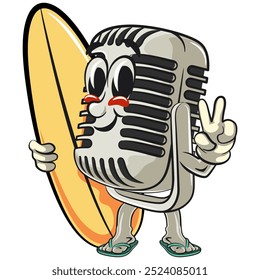 vintage microphone personagem mascote personagem retro vetor design com prancha de surfe, trabalho de mão desenhada