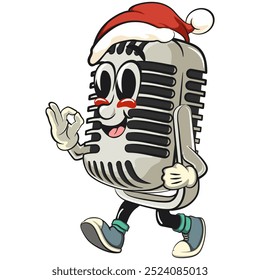 vintage microphone cartoon character mascot retro vector design walking while wearing a Santa hat calmly, work of hand drawn