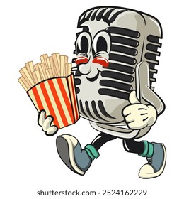 vintage microphone cartoon character mascot retro vector design brought a box of french fries, work of hand drawn