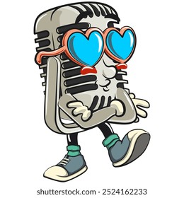 vintage microphone cartoon character mascot retro vector design wearing heart shaped beach sunglasses, work of hand drawn