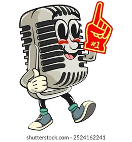 vintage microphone cartoon character mascot retro vector design raise foam finger, work of hand drawn