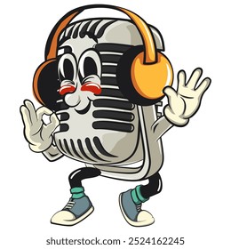 vintage microfone personagem mascote retro vetor design ouvir headset enquanto dança, trabalho de mão desenhada