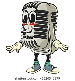 vintage microphone cartoon character mascot retro vector design in a bow tie and feeling cool, work of hand drawn