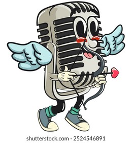 vintage microphone cartoon character mascot retro vector design become a cupid with angel wings and the arrow of love, work of hand drawn