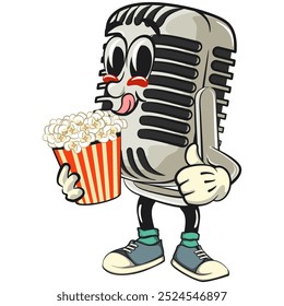 vintage microphone cartoon character mascot retro vector design brought a bucket of popcorn, work of hand drawn