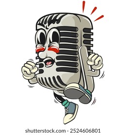 vintage microphone cartoon character mascot retro vector design enthusiastically jumping and kicking, work of hand drawn
