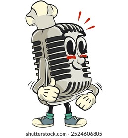 vintage microphone cartoon character mascot retro vector design as chef give thumbs up, work of hand drawn