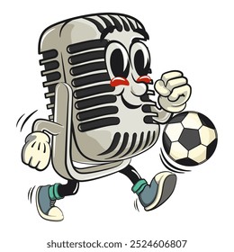 Vintage micrófono de dibujos animados personaje mascota retro diseño de Vector practicando jugar fútbol, trabajo de dibujado a mano