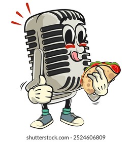 vintage microphone cartoon character mascot retro vector design carrying a taco while giving a thumbs up, work of hand drawn
