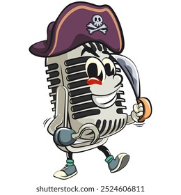 vintage microphone cartoon character mascot retro vector design as pirate with dagger, work of hand drawn