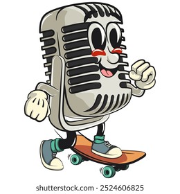 vintage microphone cartoon character mascot retro vector design playing skateboarding, work of hand drawn