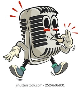 vintage microphone cartoon character mascot retro vector design is blowing the whistle, work of hand drawn