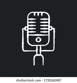 Vintage microphone chalk white icon on black background. Mic to perform live on stage. Musical concert. Announcement on radio. Karaoke and entertainment. Isolated vector chalkboard illustration