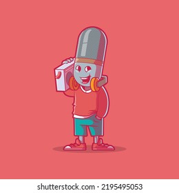 Vintage Microphone character holding a boombox vector illustration. Audio, communication, brand design concept.
