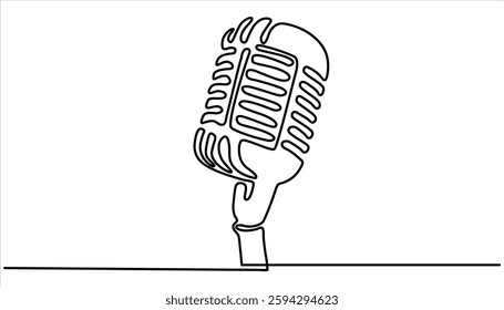 Vintage Microphone Continuous One Line Drawing. Continuous One Single Line Drawing Retro Microphone Logo Icon, Tattoo, Vector Illustration Concept. Music and Podcast Recording Tool.
