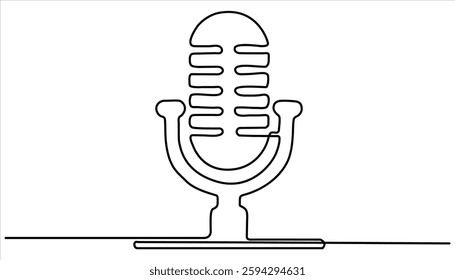 Vintage Microphone Continuous One Line Drawing. Continuous One Single Line Drawing Retro Microphone Logo Icon, Tattoo, Vector Illustration Concept. Music and Podcast Recording Tool.
